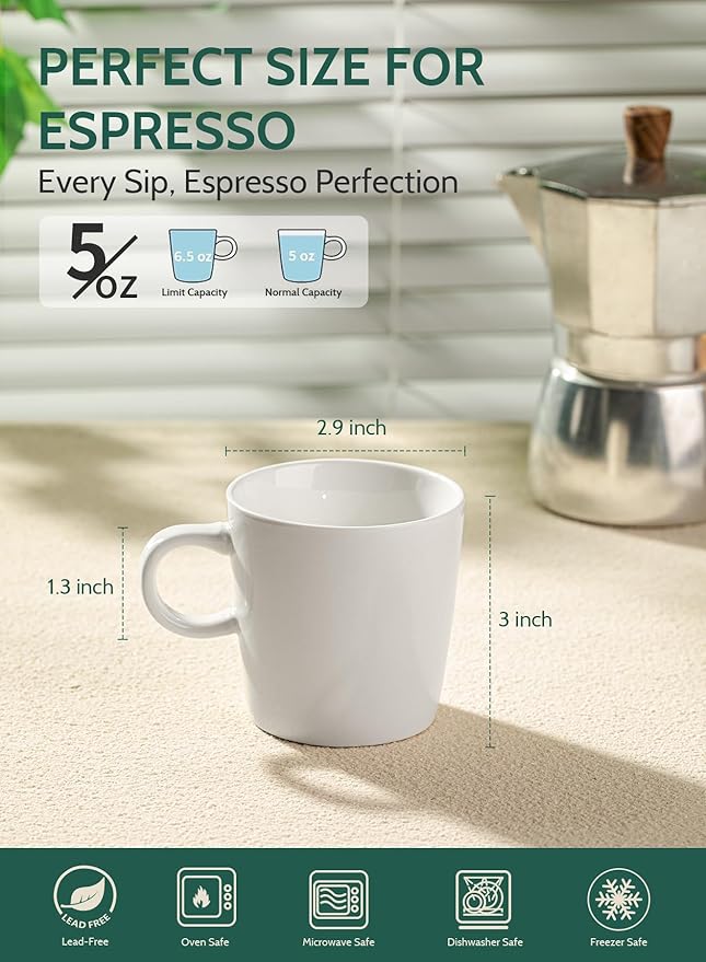 Sweese 5oz Porcelain Espresso Cups Set of 4, Mini Coffee Mugs Demitasse Cups - White