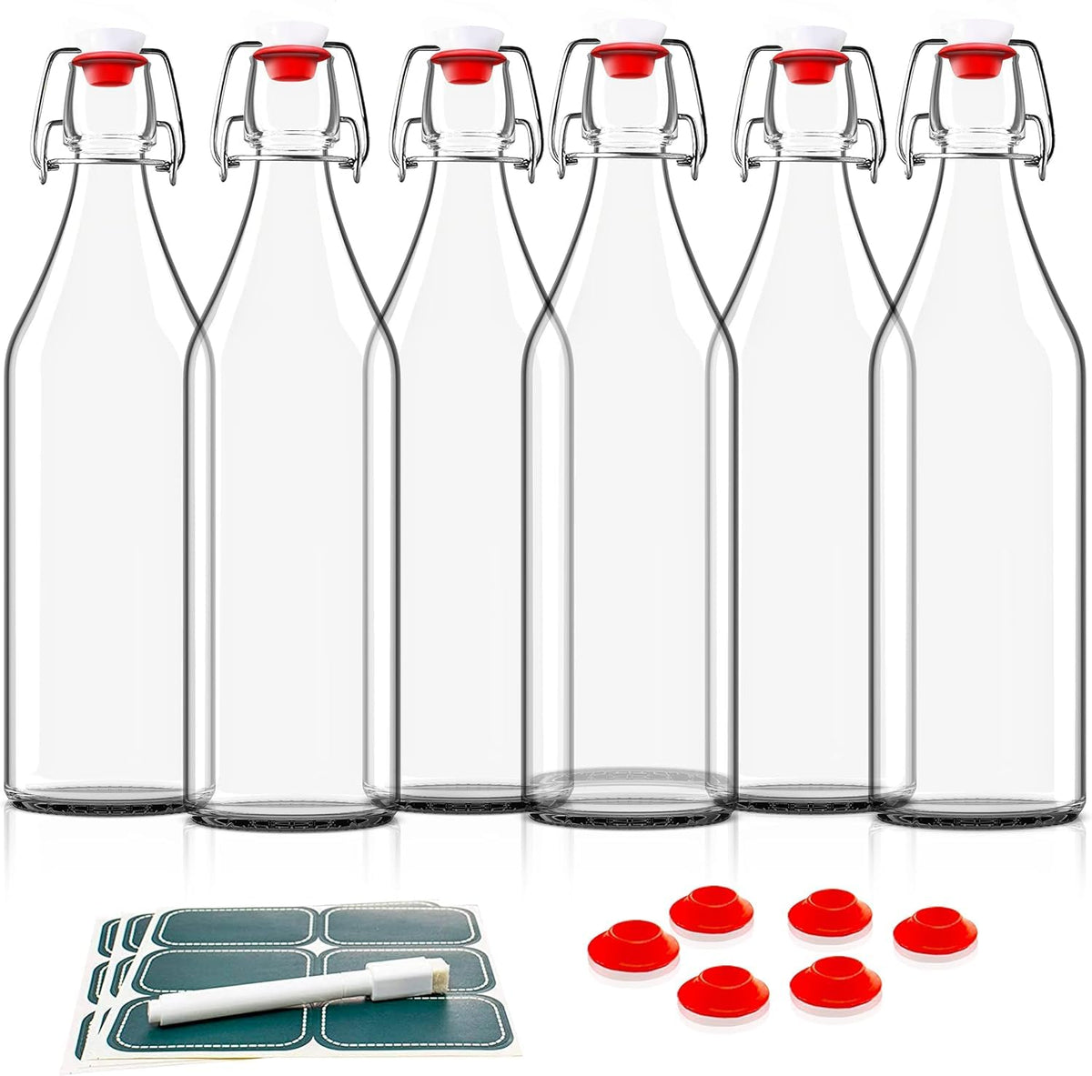 Otis Classic Clear Swing Top Glass Bottles, Plastic Caps, Set of 6, 16oz