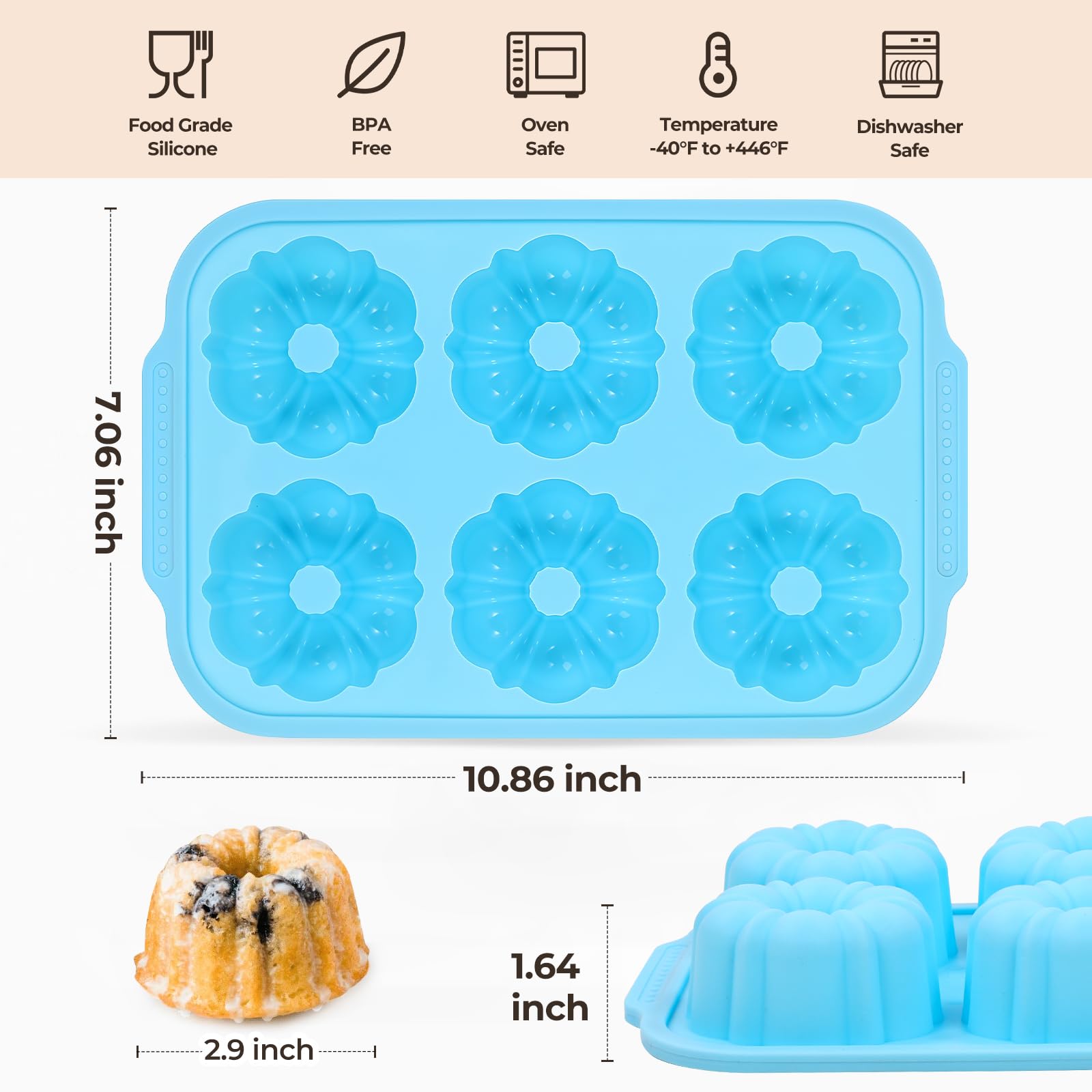 FUNBAKY Mini Fluted Tube Cake Pans for Baking with Metal Reinforced Frame, 2Pcs Silicone 6-Cavity Mini Flan Molds, Nonstick Baking Mold for Cupcake, Brownie, Donuts, Cornbread, Jello