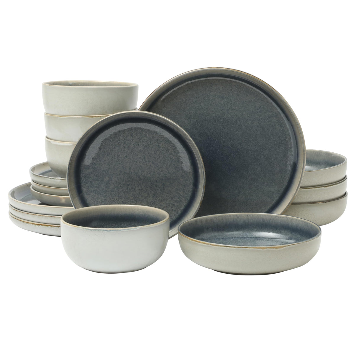 Gibson Elite Rhinebeck 16-Piece Double Bowl Dinnerware Set, Service for 4 – White and Black Stoneware Plates and Bowls
