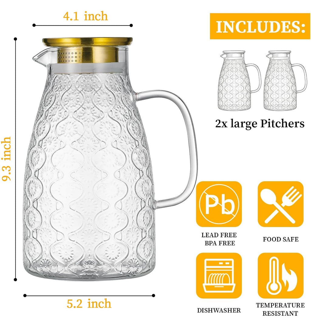 Buaic Glass Pitcher with Lid, 2 PACK 68 oz/2 Liter Vintage Water Pitcher