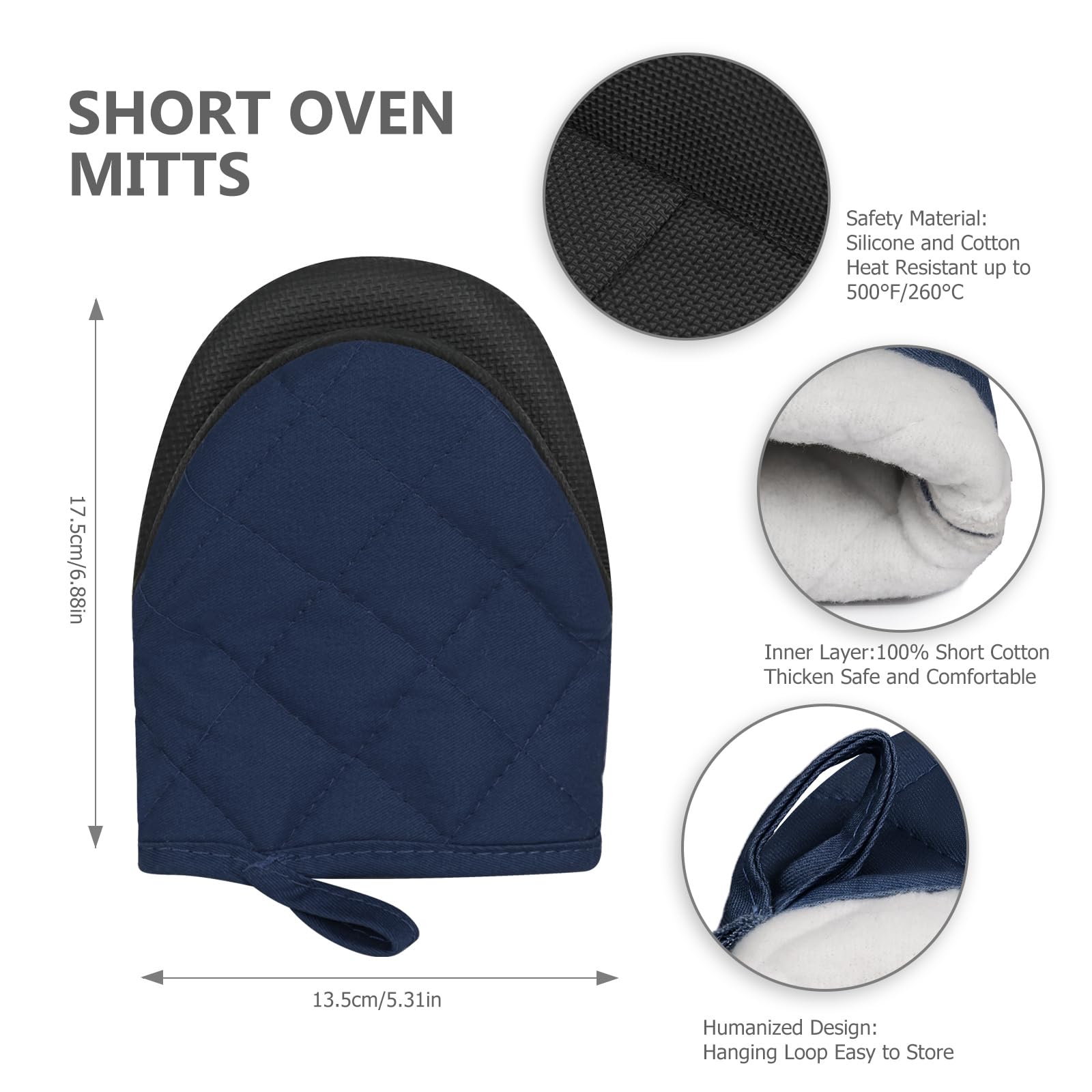 Short Oven Mitts, Heat Resistant 500°F, Silicone Grip Kitchen Gloves, Non-Slip for Baking, Grilling, BBQ, Machine Washable with Hanging Loop, 2-Pack Set, Navy Blue