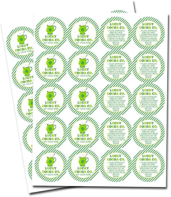 Lucky Cocoa Co. Festive Mug Themed St. Patrick's Day Hot Cocoa Bomb Packaging Sticker Labels, Total of 40 2" Circle Stickers (20 Sets of 2) by AmandaCreation