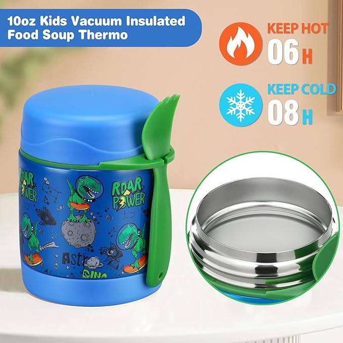 Bento Lunch Box Set With 10oz Soup Thermo, Leak-proof Lunch Containers with 4 Compartment, Kids Hot Thermo Food Jar/Insulation Lunch Bag, Food Containers for School（Dinosaur）