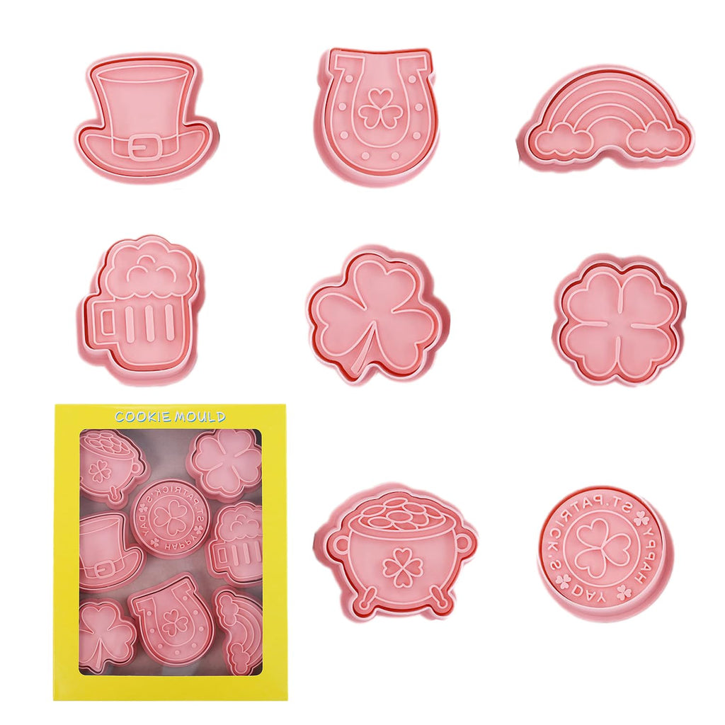 St. Patrick's Day Cookie Cutters, 8Pcs 3D Plastic Cookie Molds Cartoon Shamrock Four Leaf Clover Horseshoe Biscuit Cutters for Irish Holiday Party Baking Cutting Tool (D8)