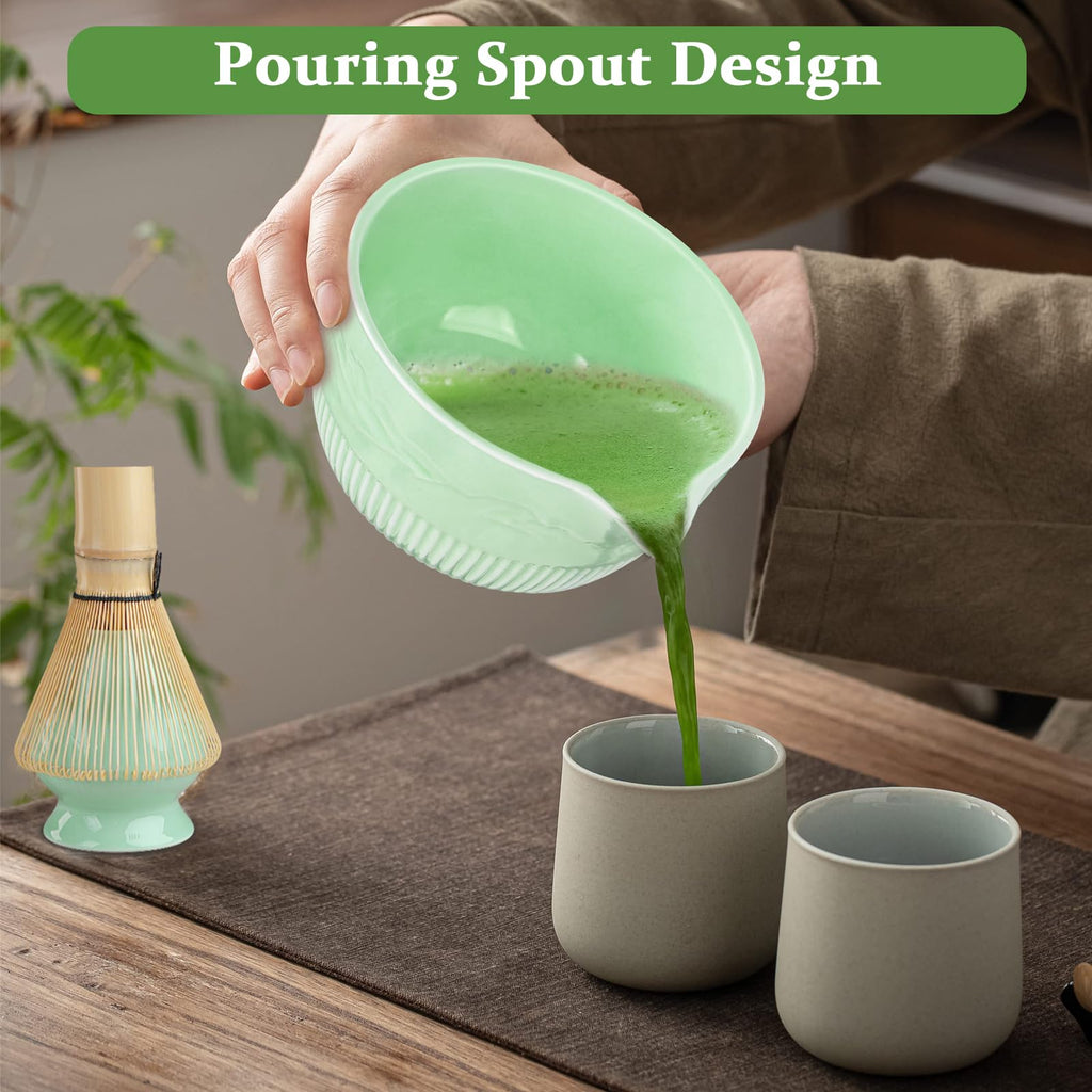 PHILORN Matcha Whisk Set, 9Pcs Ceramic Macha Kit, Matcha Set Whisk and Bowl with Spout, Whisks, Holder, Bamboo Scoop, Scoop Rest, Sifter and Tea Towel for Macha Lover (Cyan)