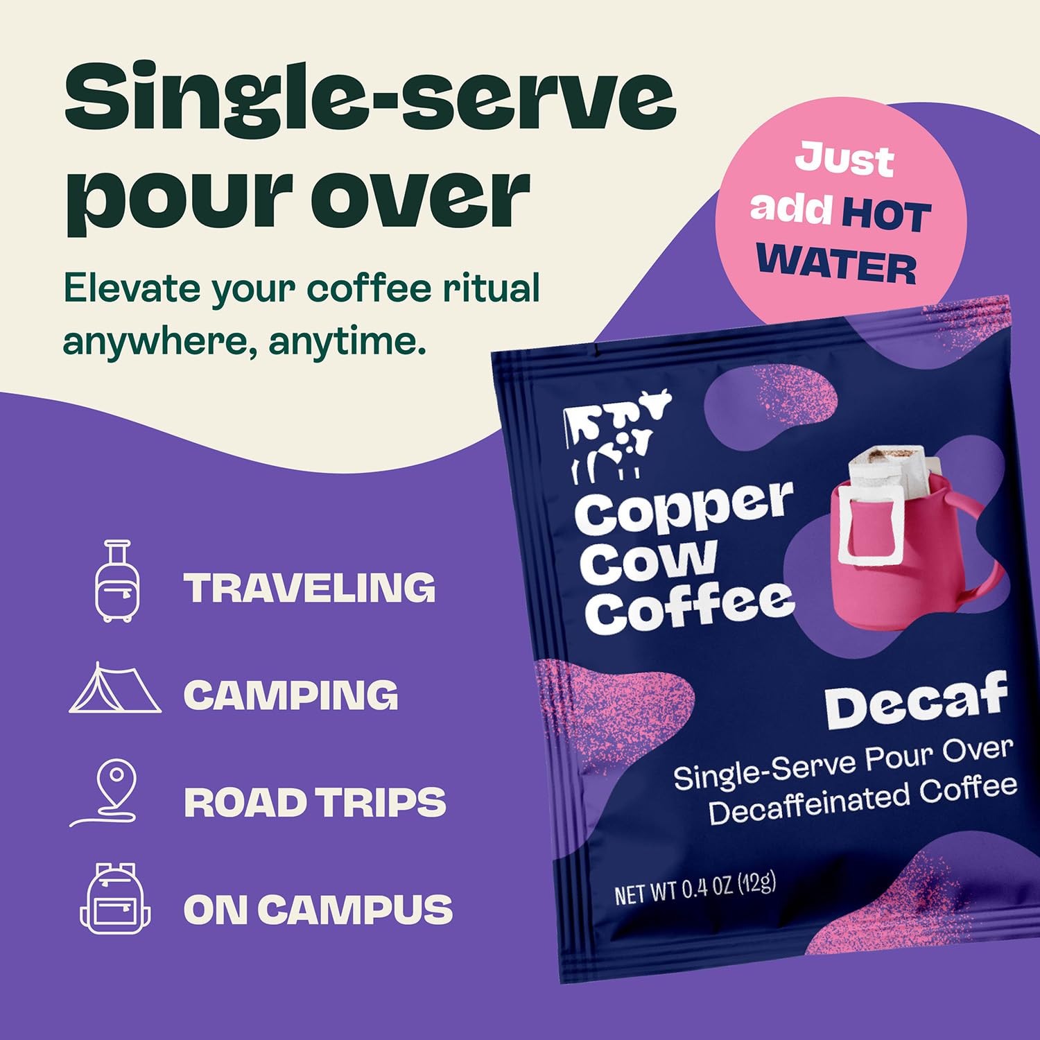 Copper Cow Coffee Premium Pour Over Coffee Decaf Single Serve Dark Roast