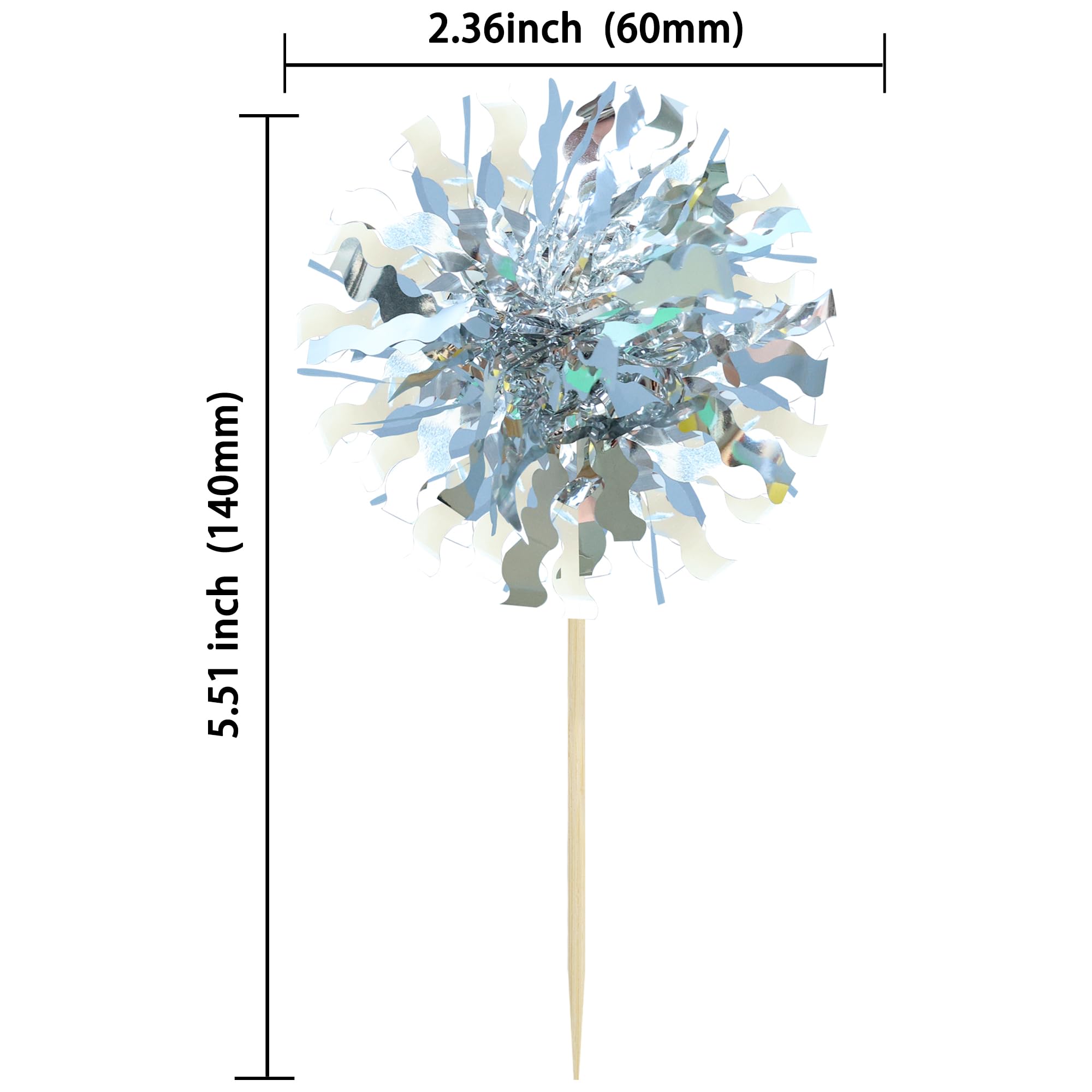 Ephlyn 30Pcs Foil Firework Cupcake Toppers Happy Birthday Cake Toppers Tinsel Flower Drink Stirrers Cocktail Food Fruit Toothpicks for Valentine's Day Party Decorations Silver
