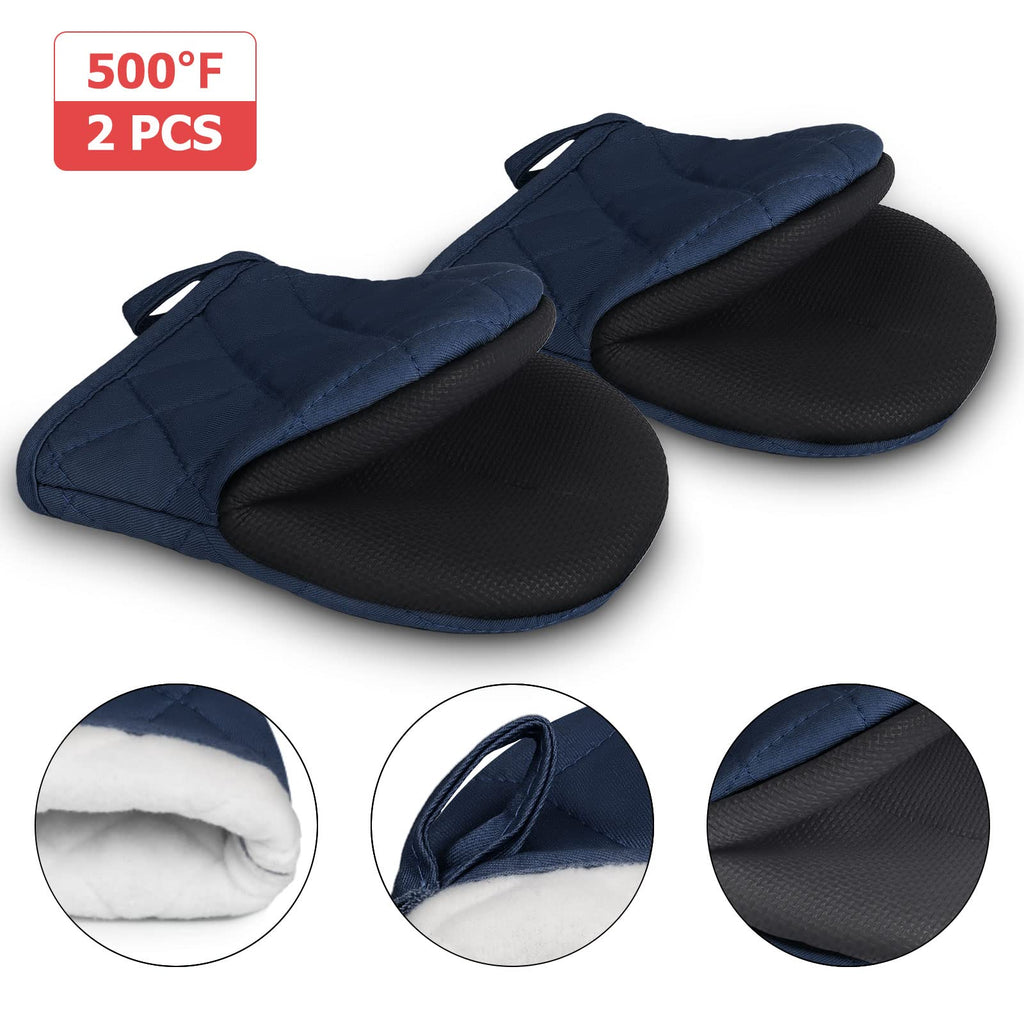 Short Oven Mitts, Heat Resistant 500°F, Silicone Grip Kitchen Gloves, Non-Slip for Baking, Grilling, BBQ, Machine Washable with Hanging Loop, 2-Pack Set, Navy Blue