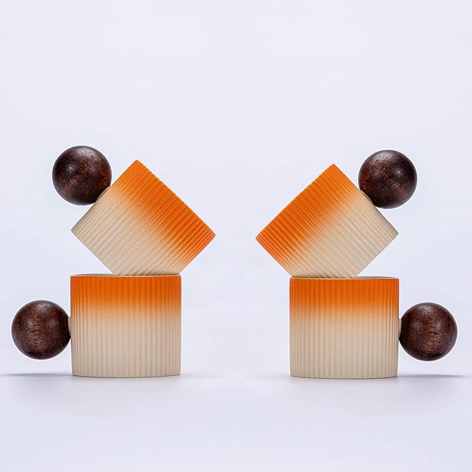 Ceramic Mini Espresso Cups Demitasse Cups with Round Wooden Handle Vertical Stripes Tea Cups (Beige&Orange, 4pcs)