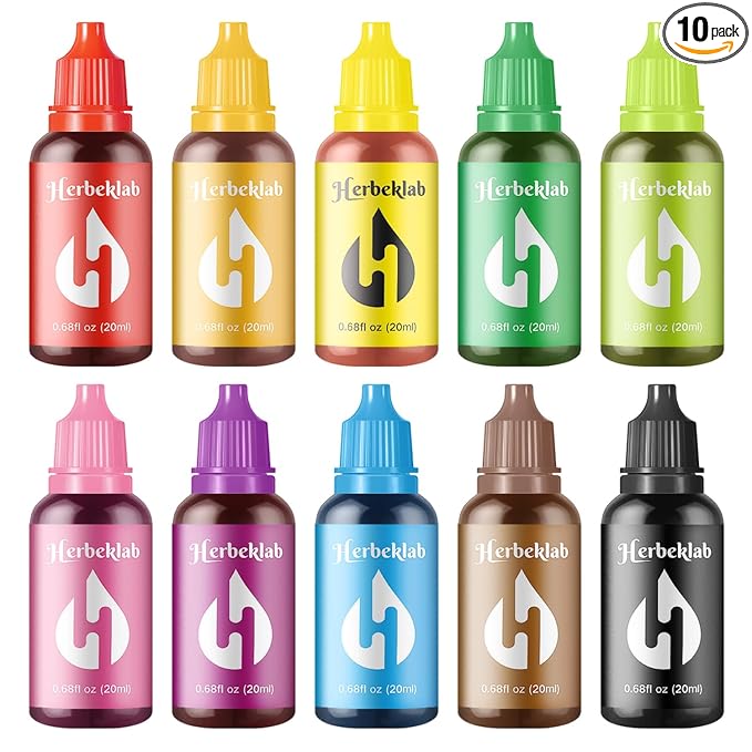 Herbeklab Food Coloring Liquid Food Dye Water Based Food Color 10 Colors x 20 ml Liquid Food Coloring Set Concentrated Slime Dye Pigments Soap Colorants Easter Egg Dyestuffs for Domestic Use