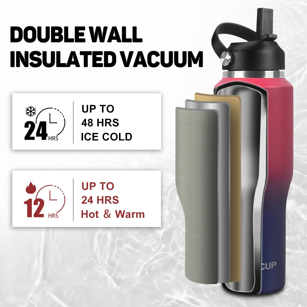 ABOTOCUP 32oz Water Bottle with Powder Coated, Fit in Any Car Cup Holder, Water Bottle with Straw Lids, Stainless Steel Insulated Water Flask Double Wall Leak-proof BPA Free to Keep Cold&Hot