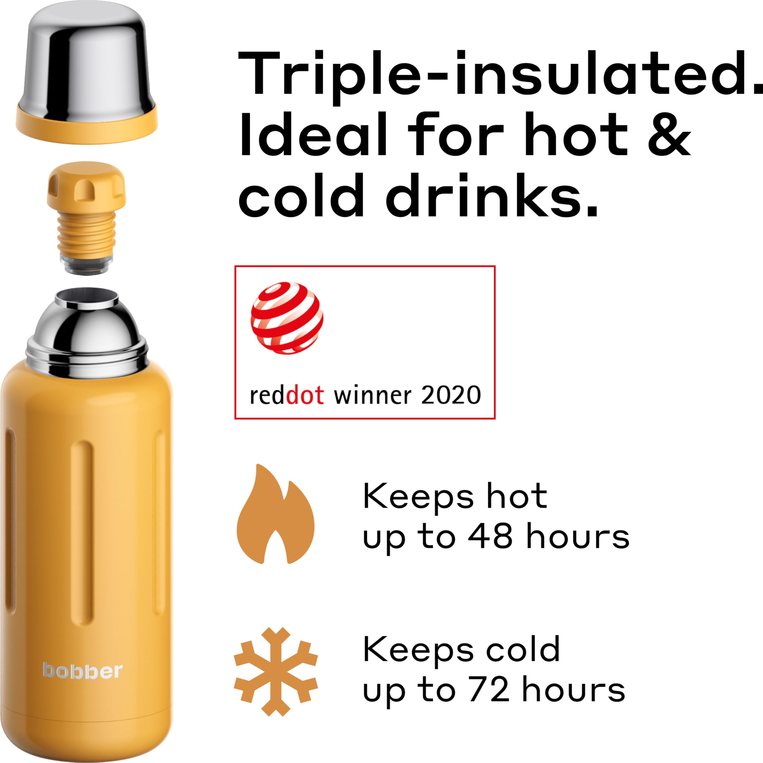 Bobber - 34 oz Vacuum Insulated Stainless Steel Water Bottle with Cup Lid - Dishwasher Safe - Keeps Drinks Hot for 48 Hours and Cold for 72 Hours - Triple Walled Thermo Flask (Ginger Tonic)