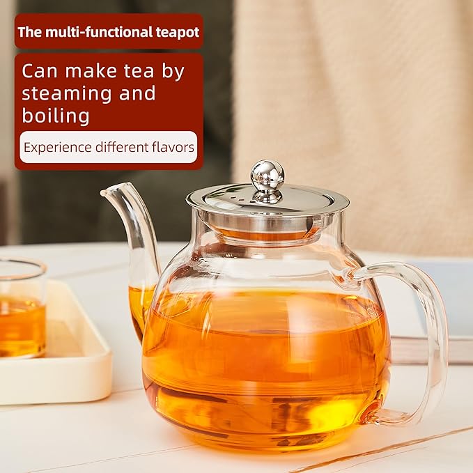 1100ml Glass Teapot with Removable Infuser,37oz Borosilicate Clear Tea Kettle,Stovetop Microwave Safe,Blooming and Loose Leaf Tea Maker Gift