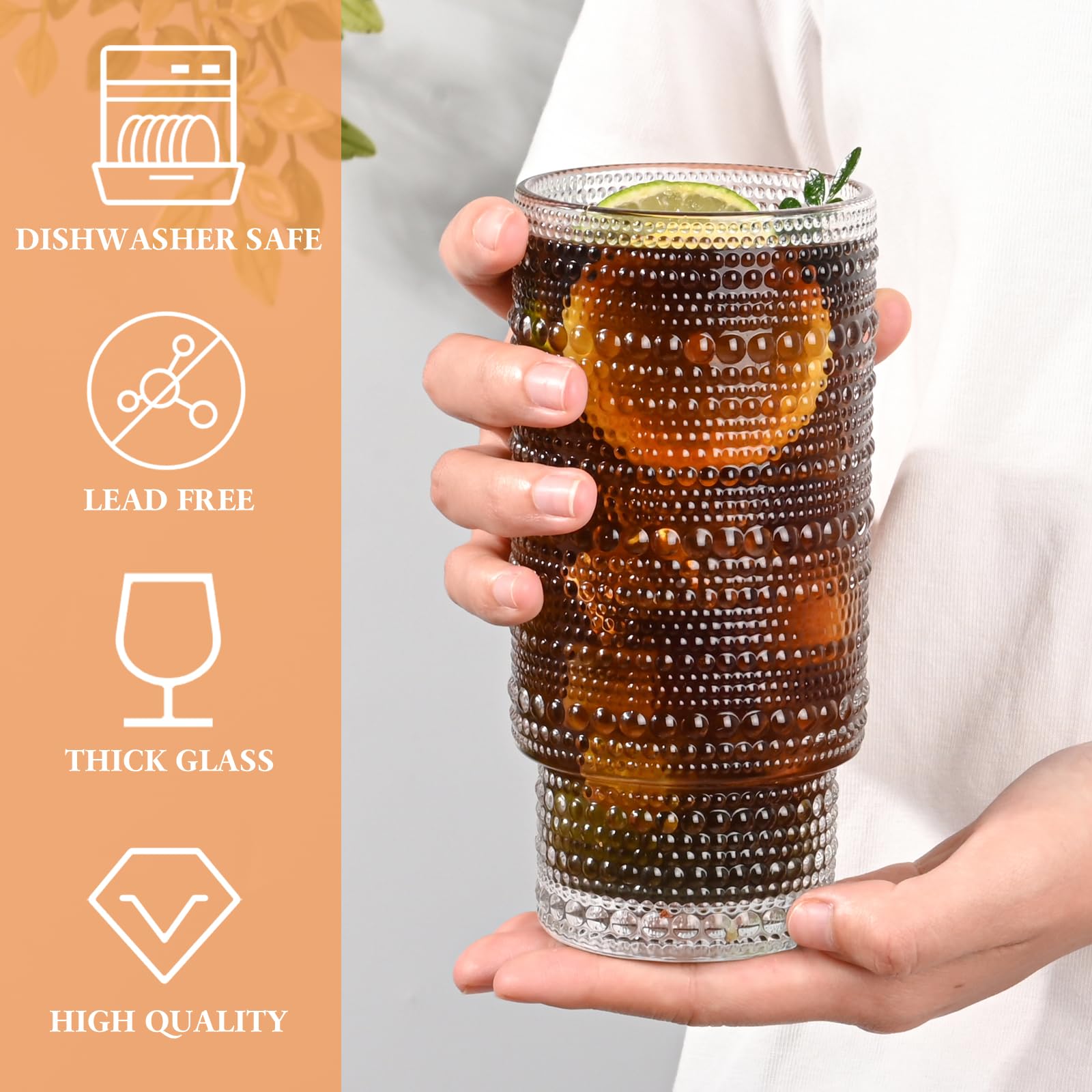AFINSEA 16OZ Glass Tumbler with Straw and Lid,Glass Cups with Lids and Straws,Ribbed Iced Coffee Cups Vintage Embossed Glassware for Juice Whiskey Cocktail Beer(2Pack)