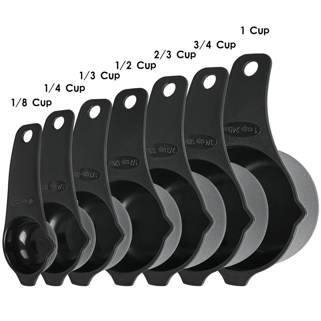 Kalsreui Measuring Cups and Spoons Set 15, 7 Plastic Measuring Cup Spoon Set, 7 Spice Long Handle Measuring Spoons with 1 Leveler for Kitchen and Baking, Dry Metric Measure Cups & Spoons Black