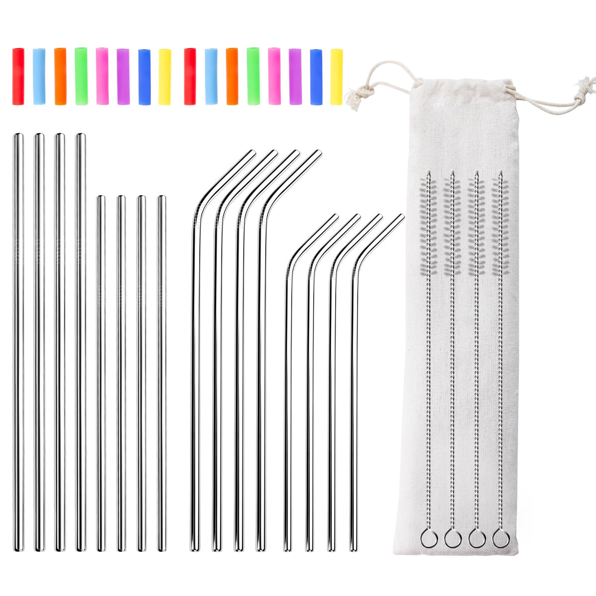 Lazycorner 16 Pcs Metal Straw Reusable 8.5" 10.5" 6mm Stainless Steel Straws for Tumblers 20oz-32oz, Silver Drinking Straws with Silicone Tips, 4 Straw Cleaner Brush, 1 Travel Case