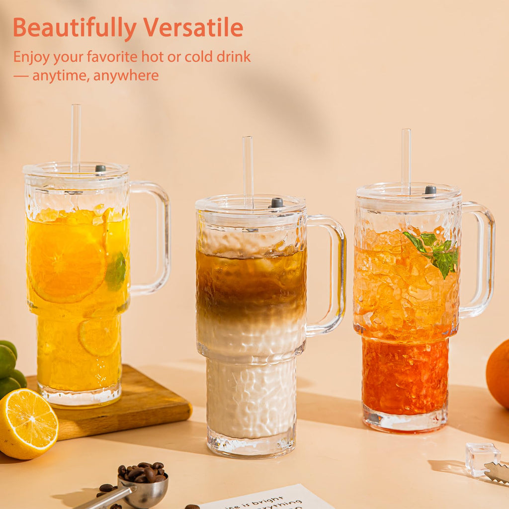 SoulTimes 26oz Water Ripple Glass Tumbler with Handle & Lid, Reusable Iced Coffee Cups with Straws – Set of 2, Glass Cups for Smoothies, Juice, Coffee, Tea – Travel Mugs for Daily Use