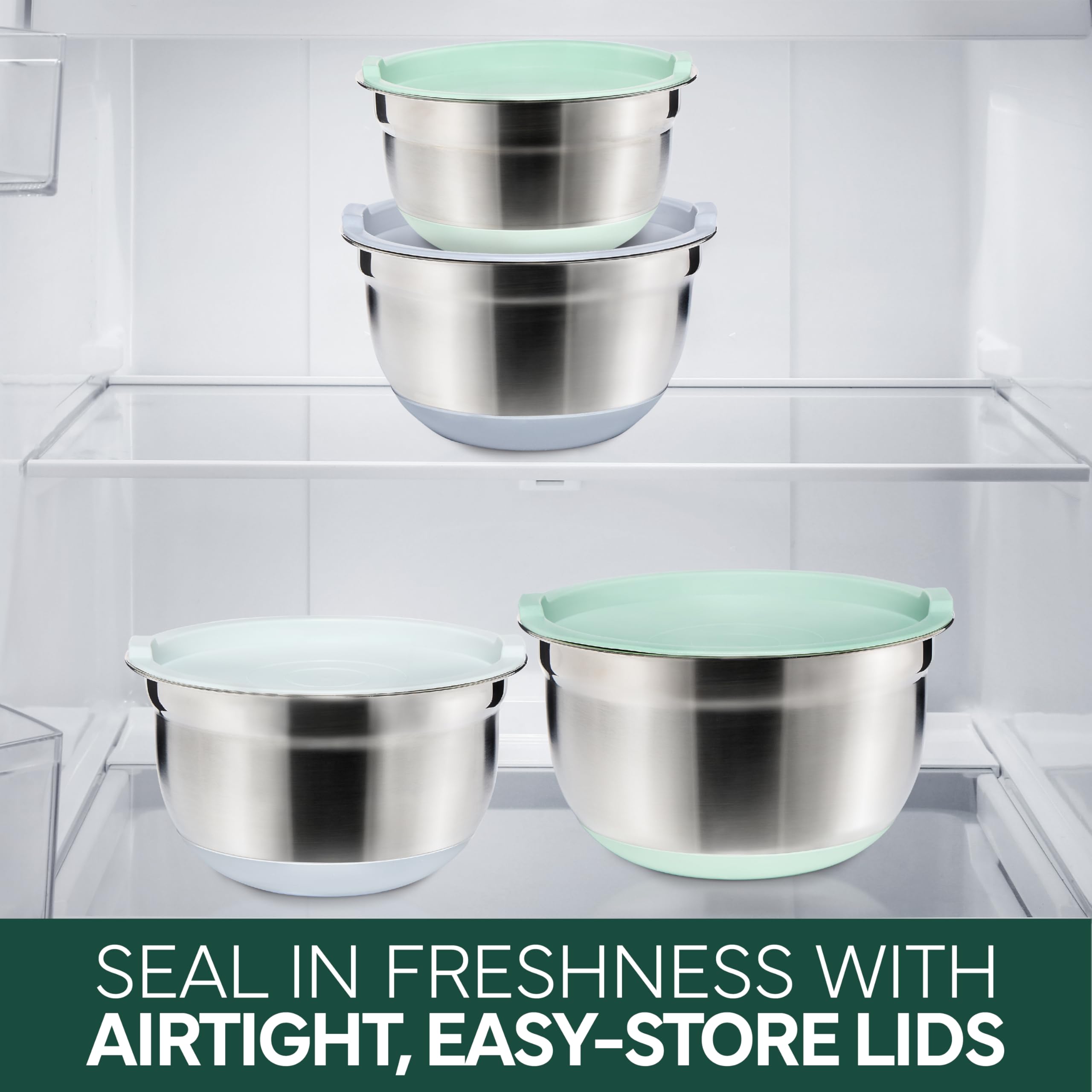 COOK WITH COLOR Stainless Steel Mixing Bowls Set with Lids - Nesting Bowls with Non-Slip Bottom, Sage, 12 Pieces