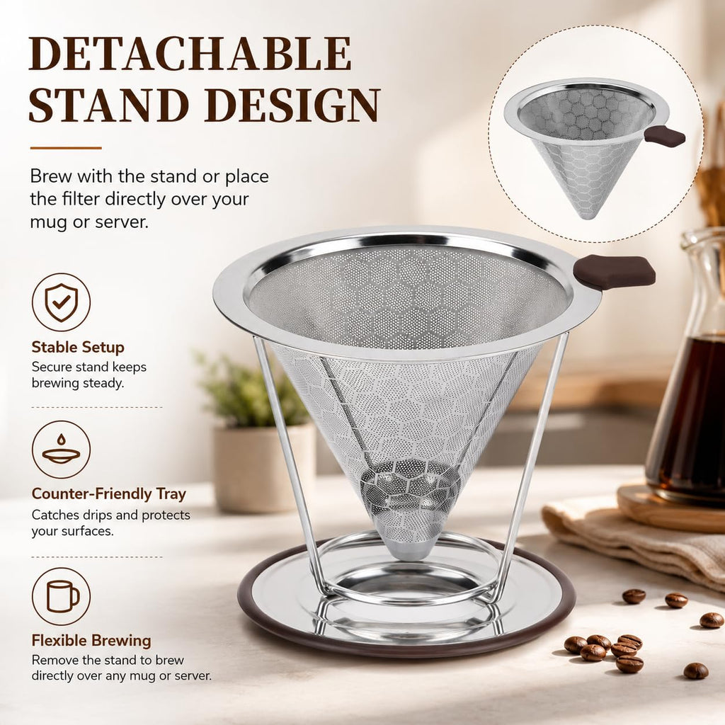 Pour Over Coffee Dripper, Reusable Stainless Steel Coffee Filter with 800-Mesh Double-Layer Cone, Paperless Single Cup Coffee Maker for Mugs, Travel and Camping