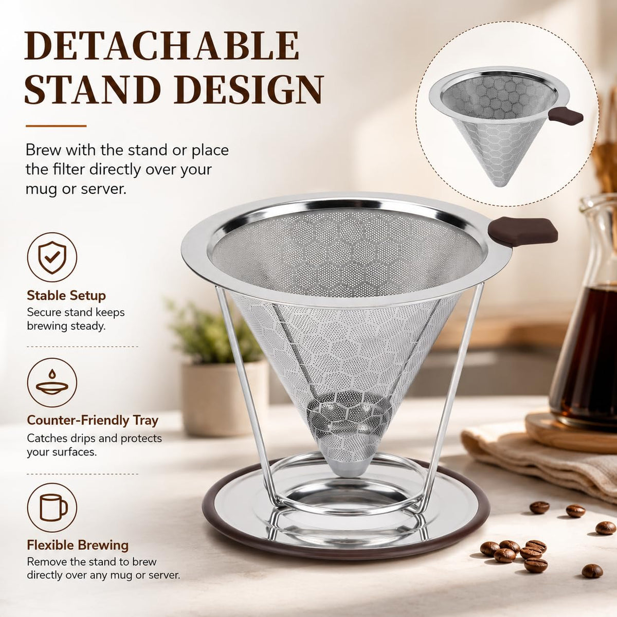Pour Over Coffee Dripper, Reusable Stainless Steel Coffee Filter with 800-Mesh Double-Layer Cone, Paperless Single Cup Coffee Maker for Mugs, Travel and Camping