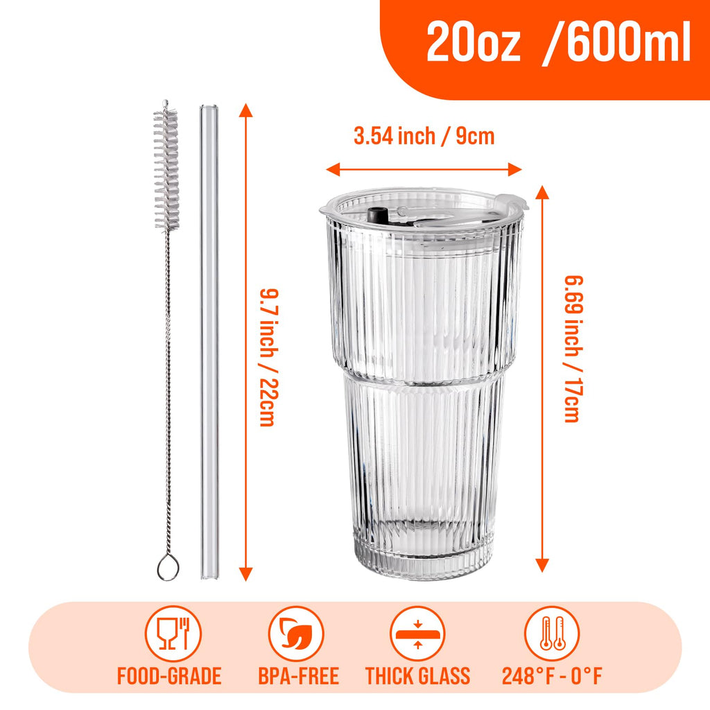 SUROQUE 20oz Ribbed Glass Tumblers with Lids & Straws, Ideal for Iced Coffee, Cocktails & More - Includes Cleaning Brush