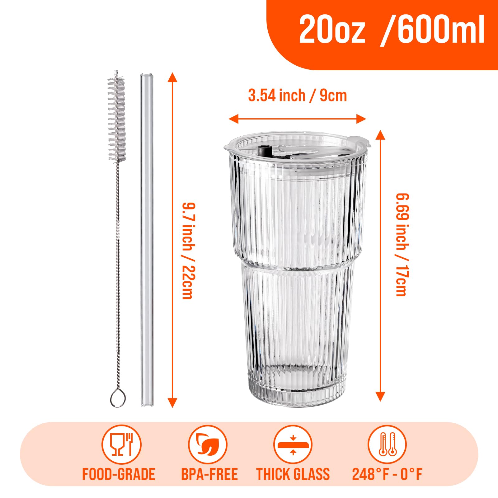 SUROQUE 20oz Ribbed Glass Tumblers with Lids & Straws, Ideal for Iced Coffee, Cocktails & More - Includes Cleaning Brush