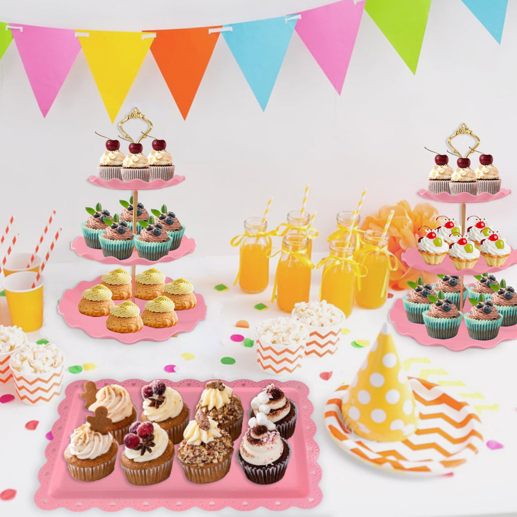 NAXIHOPT 5 Pcs Dessert Table Display Set, Pink Plastic 2 Pcs Round 3 Tier Cupcake Stand Cup Cake Tower Stand with Metal Rod & 3 Pcs Serving Tray for Baby Shower, Tea Party, Wedding, Birthday Party