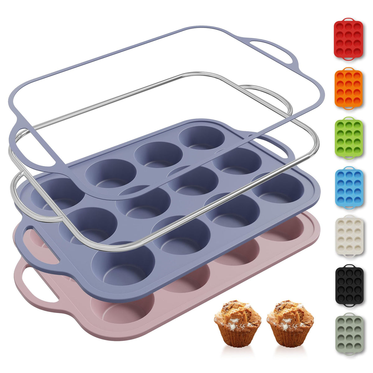 2 Packs 12 Cups Silicone Muffin Pan for Baking with Metal Reinforced Frame Regular Size Cupcake Pan Tray Chocolate Egg Pizza Bites Oven Top Cookie Molds Muffin Tin Tart Pans Sheet Set Bakeware Liner