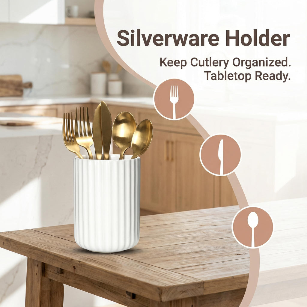U-TIMES Ceramic Spoon Holder for Coffee Bar, Upright Tea Spoon Holder Cup, Coffee Stirrers Straws Stir Stick Holder, Cement Grey Fluted Surface