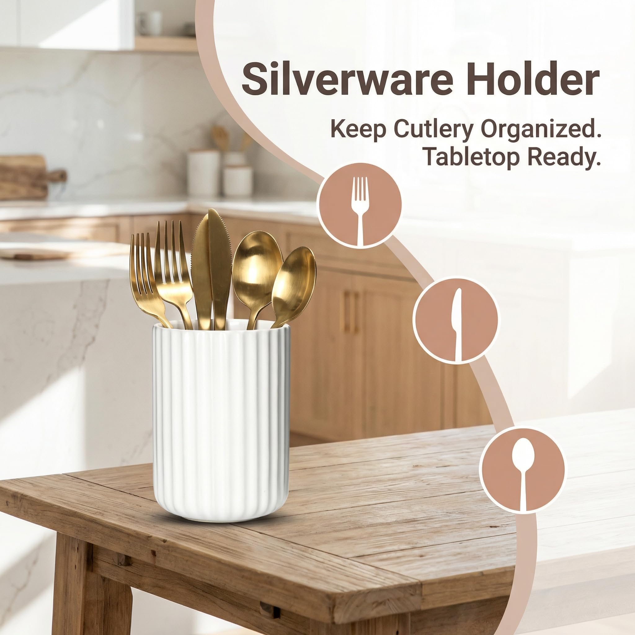 U-TIMES Ceramic Spoon Holder for Coffee Bar, Upright Tea Spoon Holder Cup, Coffee Stirrers Straws Stir Stick Holder, Cement Grey Fluted Surface