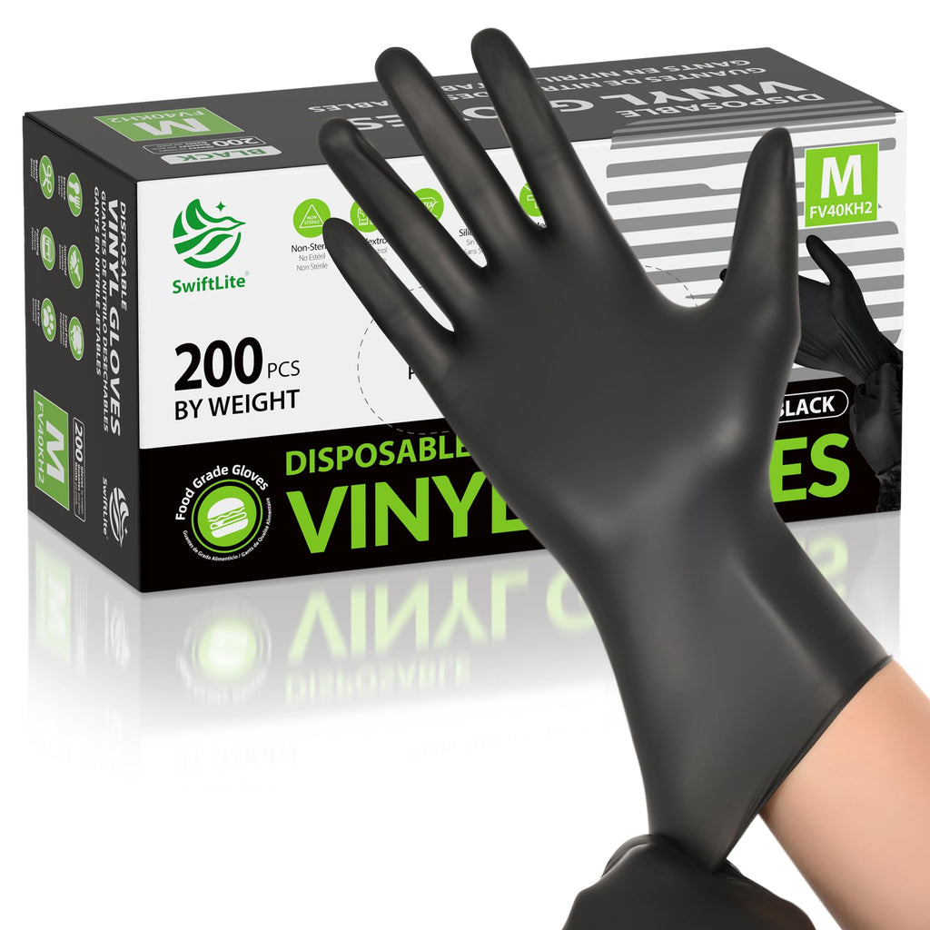 SWIFTLITE Black Vinyl Gloves, Food Grade Gloves Disposable Latex Free