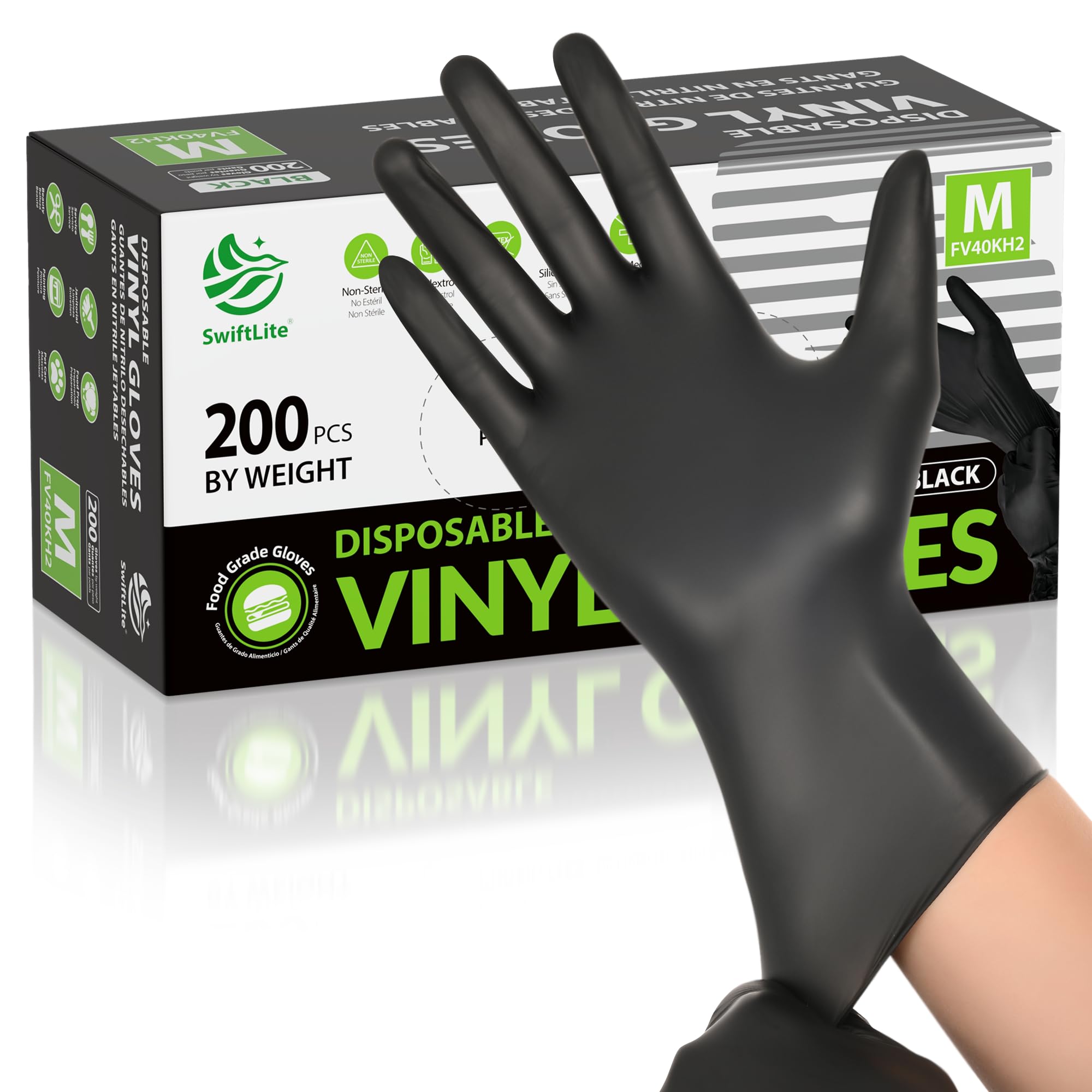 SWIFTLITE Black Vinyl Gloves, Food Grade Gloves Disposable Latex Free