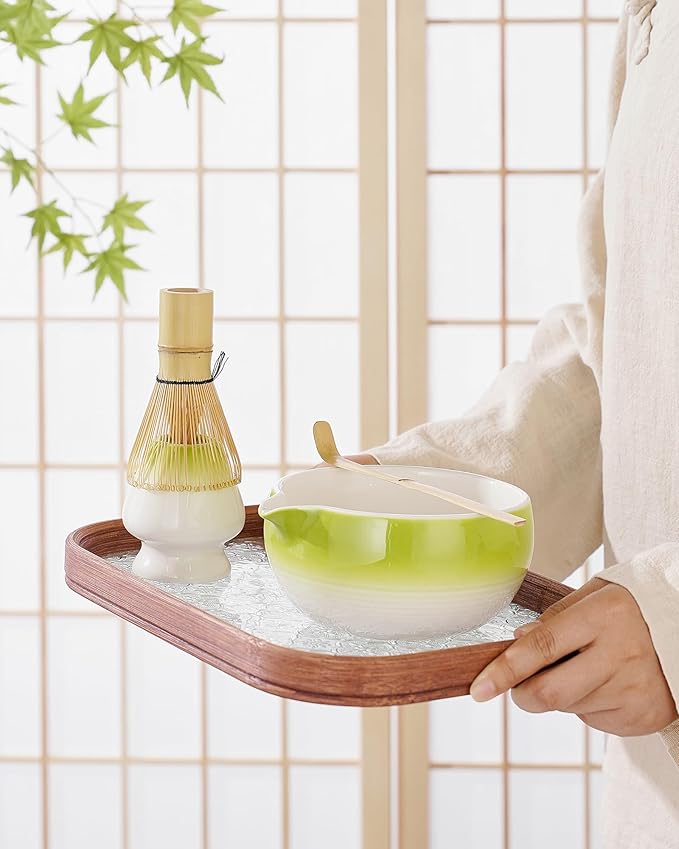 ZENS Matcha Whisk Set, 15oz Hand-Glazed Matcha Bowl with Spout and Bamboo Whisk, Whisk Holder (Chasen), Scoop & Tea Towel, 5pcs Matcha Tea Set Gift for Matcha Ceremony, Green