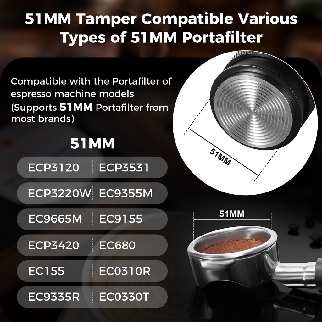 IKAPE 51mm Espresso Tamper, Premium Barista Coffee Calibrated Tamper with Spring Loaded, 100% Stainless Steel Tamper Compatible with All 51MM Bottomless Portafilter (Black)
