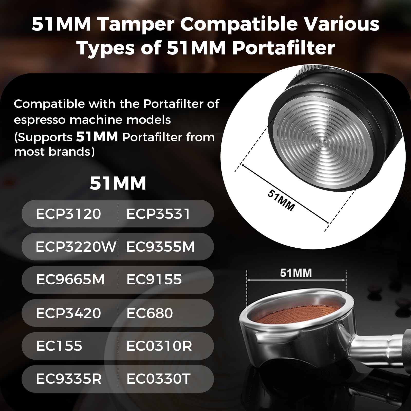 IKAPE 51mm Espresso Tamper, Premium Barista Coffee Calibrated Tamper with Spring Loaded, 100% Stainless Steel Tamper Compatible with All 51MM Bottomless Portafilter (Black)