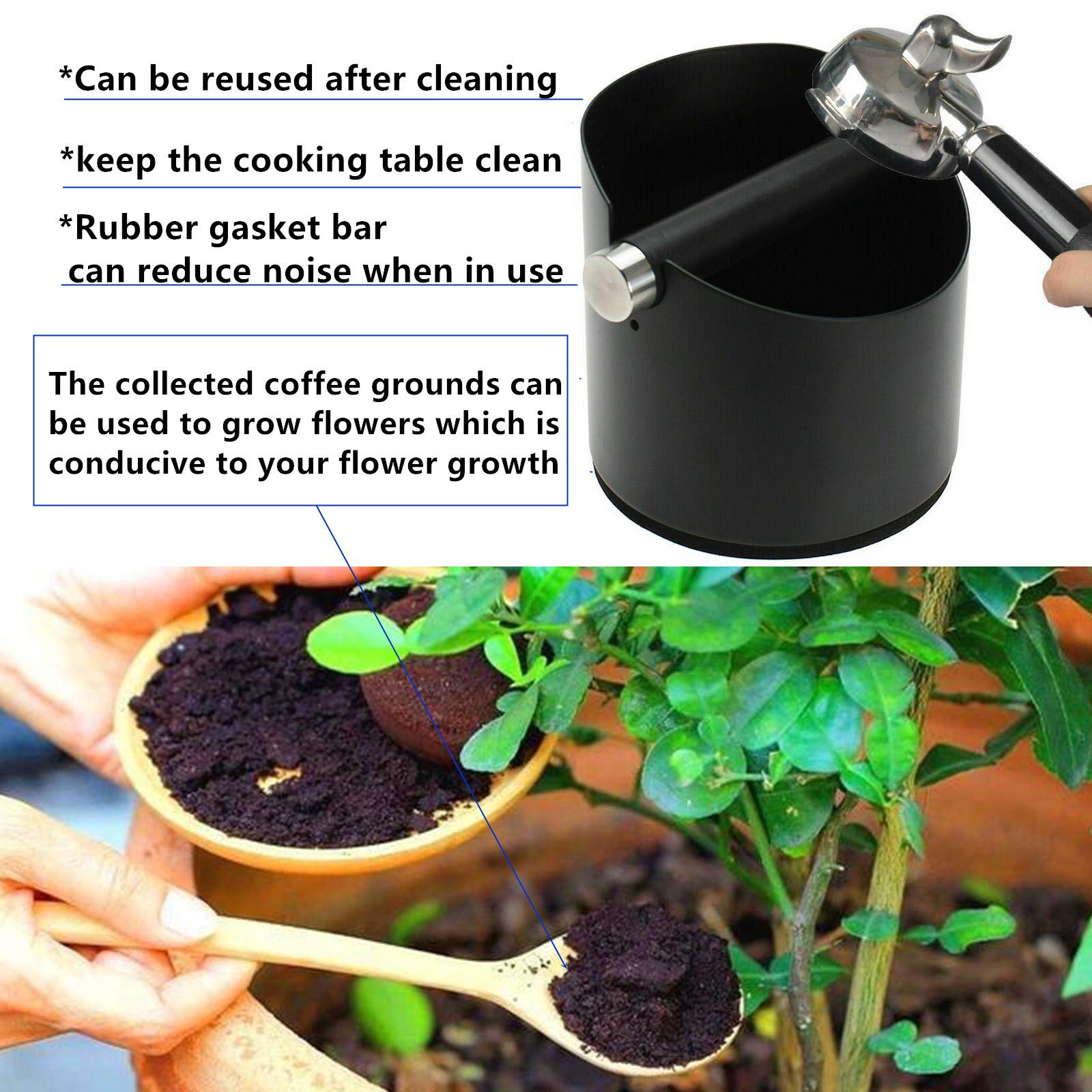 DIBTSA Espresso Knock Box, Stainless Steel Coffee Grounds Knock Box, With Removable Knock Bar and Non-Slip Rubber Base (Black)