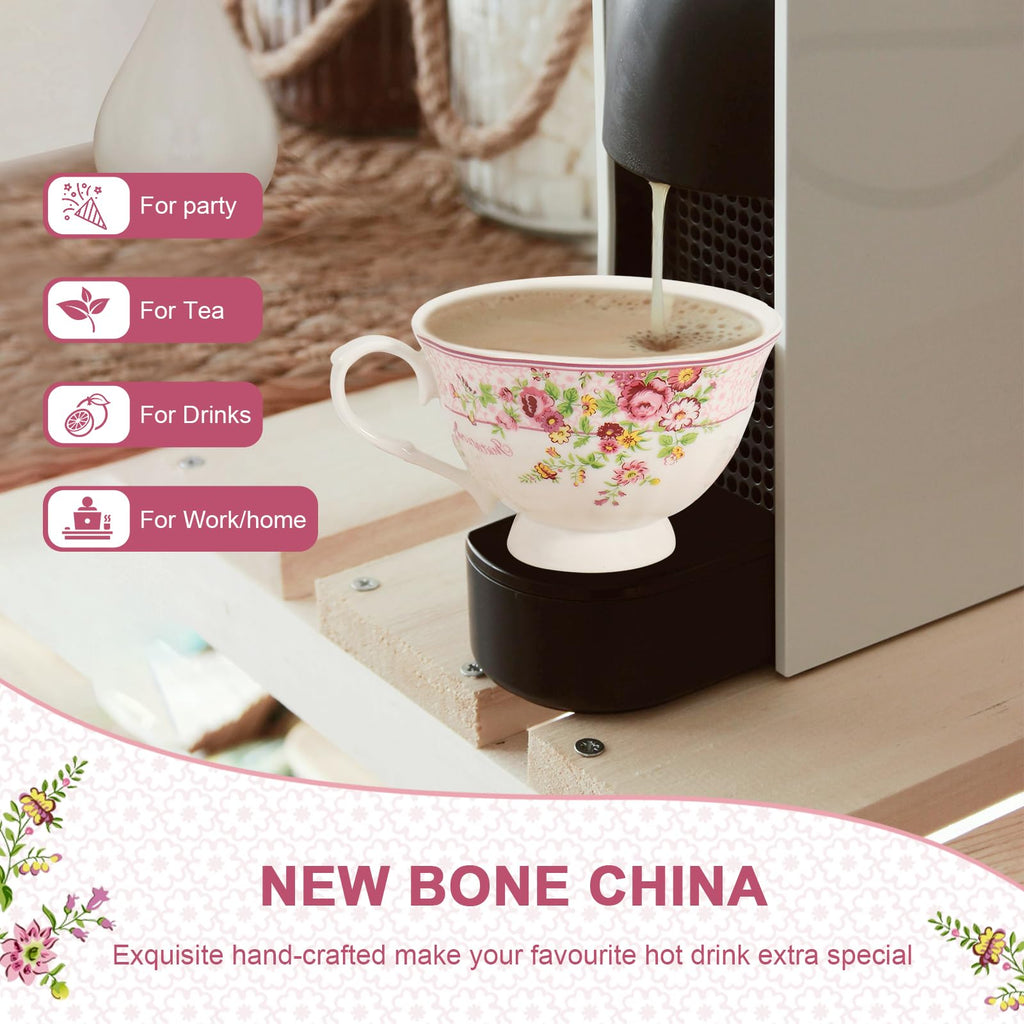 SWEDOU Cup and Saucer Sets of 6 with Spoon, 8oz Ceramic Tea Cups Saucers Set Porcelain New Bone China Floral Vintage Coffee Cup & Saucer Sets -Microwave Dishwasher Safe (Pink)