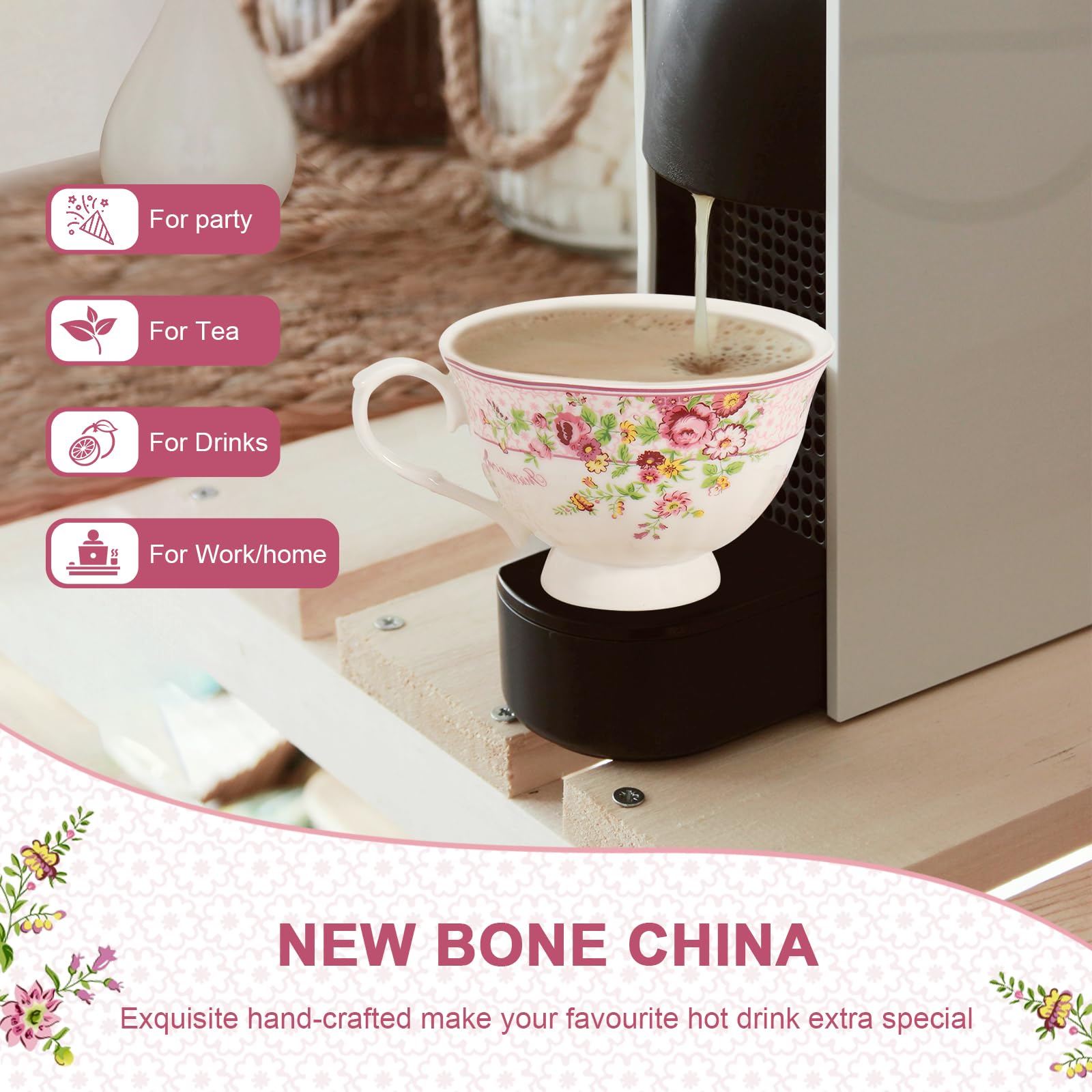 SWEDOU Cup and Saucer Sets of 6 with Spoon, 8oz Ceramic Tea Cups Saucers Set Porcelain New Bone China Floral Vintage Coffee Cup & Saucer Sets -Microwave Dishwasher Safe (Pink)