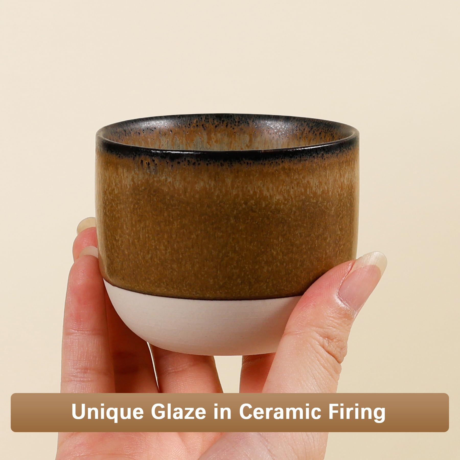 ZEBERBO Ceramic Espresso Cups Set of 4, Double Walled Espresso Coffee Mugs for Nespresso Cups, Special glazed Demitasse Cups Expresso Coffee Cup for Espresso Machine (Brown)