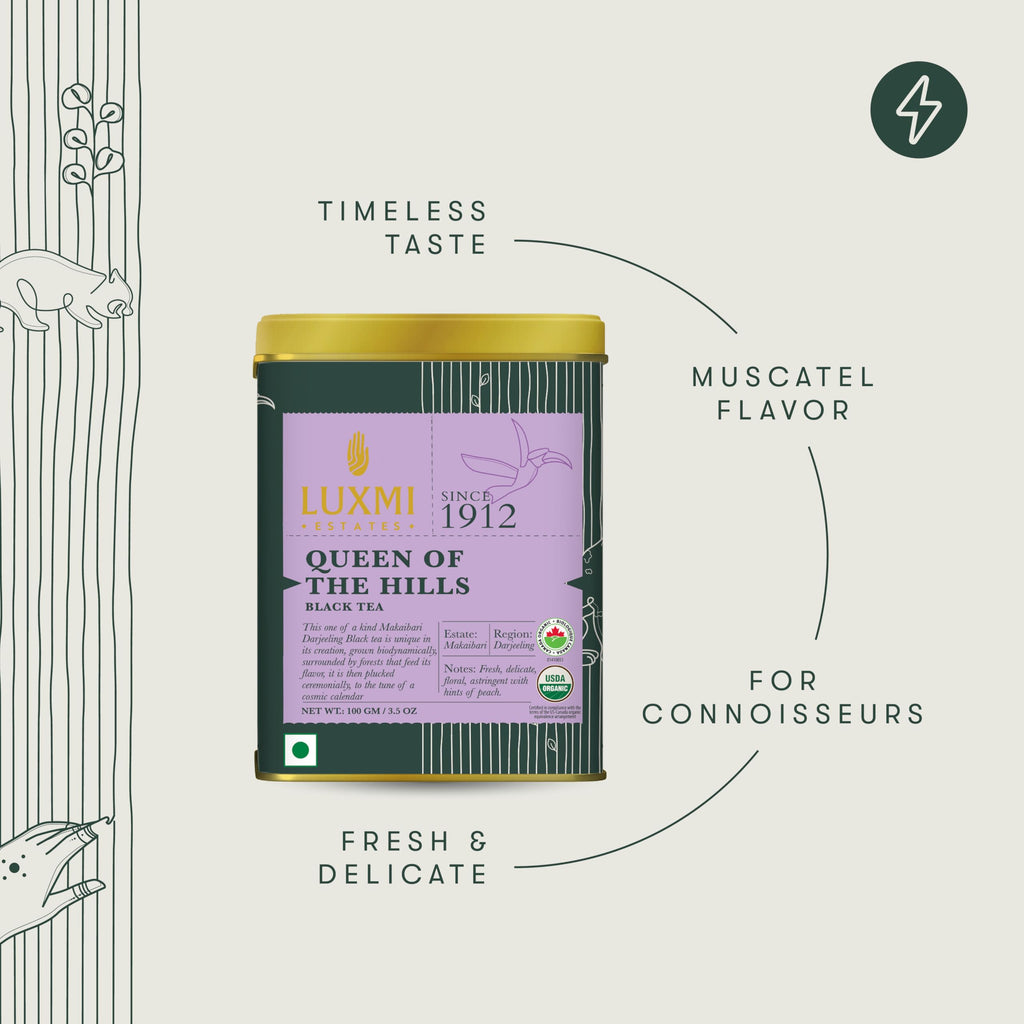 Luxmi Estates Queen of the Hills Organic Darjeeling Black Tea Loose Leaf 50 Cups (100g/3.5oz) | Direct from Garden