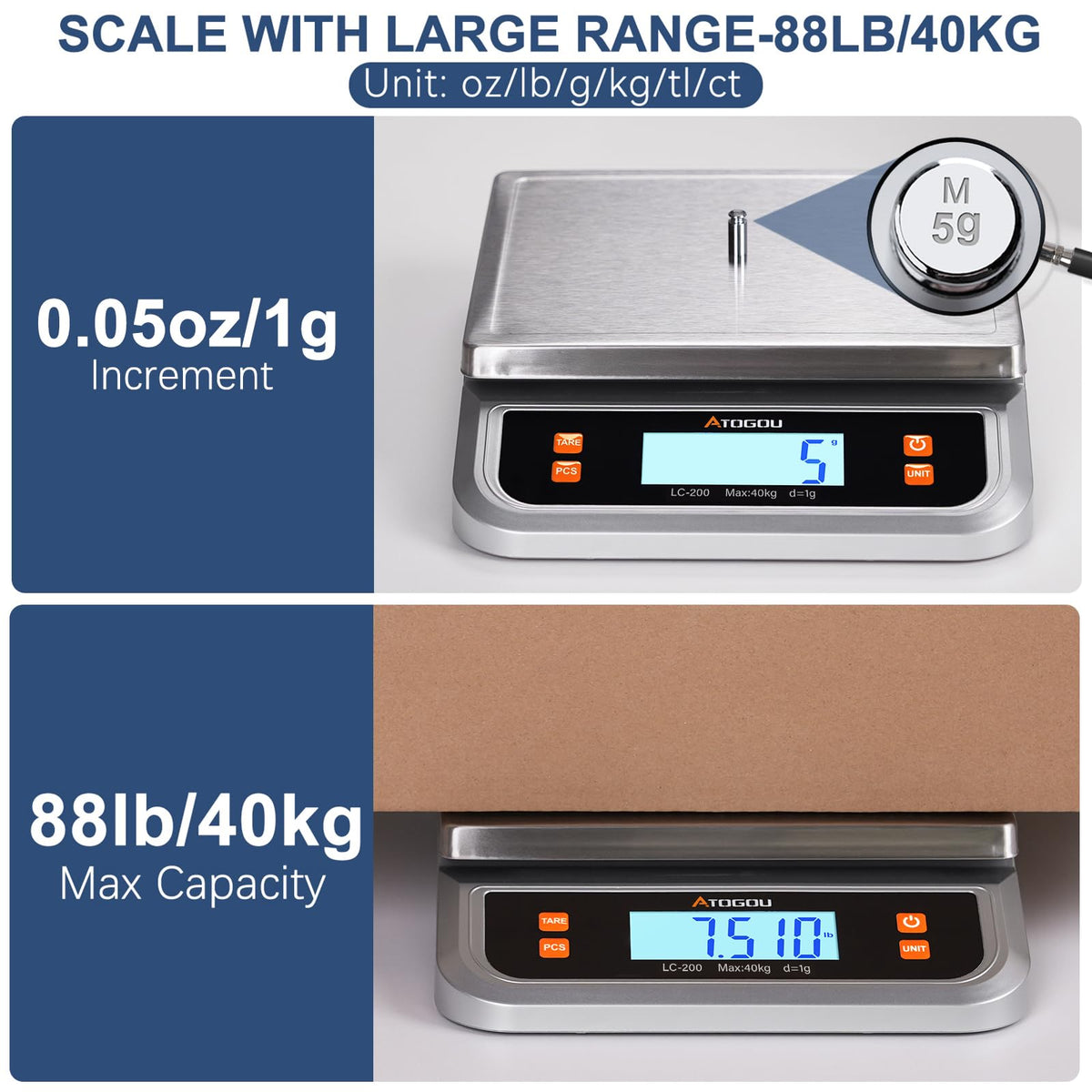 Atogou 88lb Food Scale, Commercial Kitchen Scale Plug-in Usable