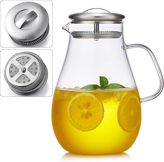 2000ML/68OZ Glass Pitchers with Lid for Hot and Cold Drinking, Heat Resistant Borosilicate Glass Pitcher for Tea, Juice, Milk, Cold Hot Beverages