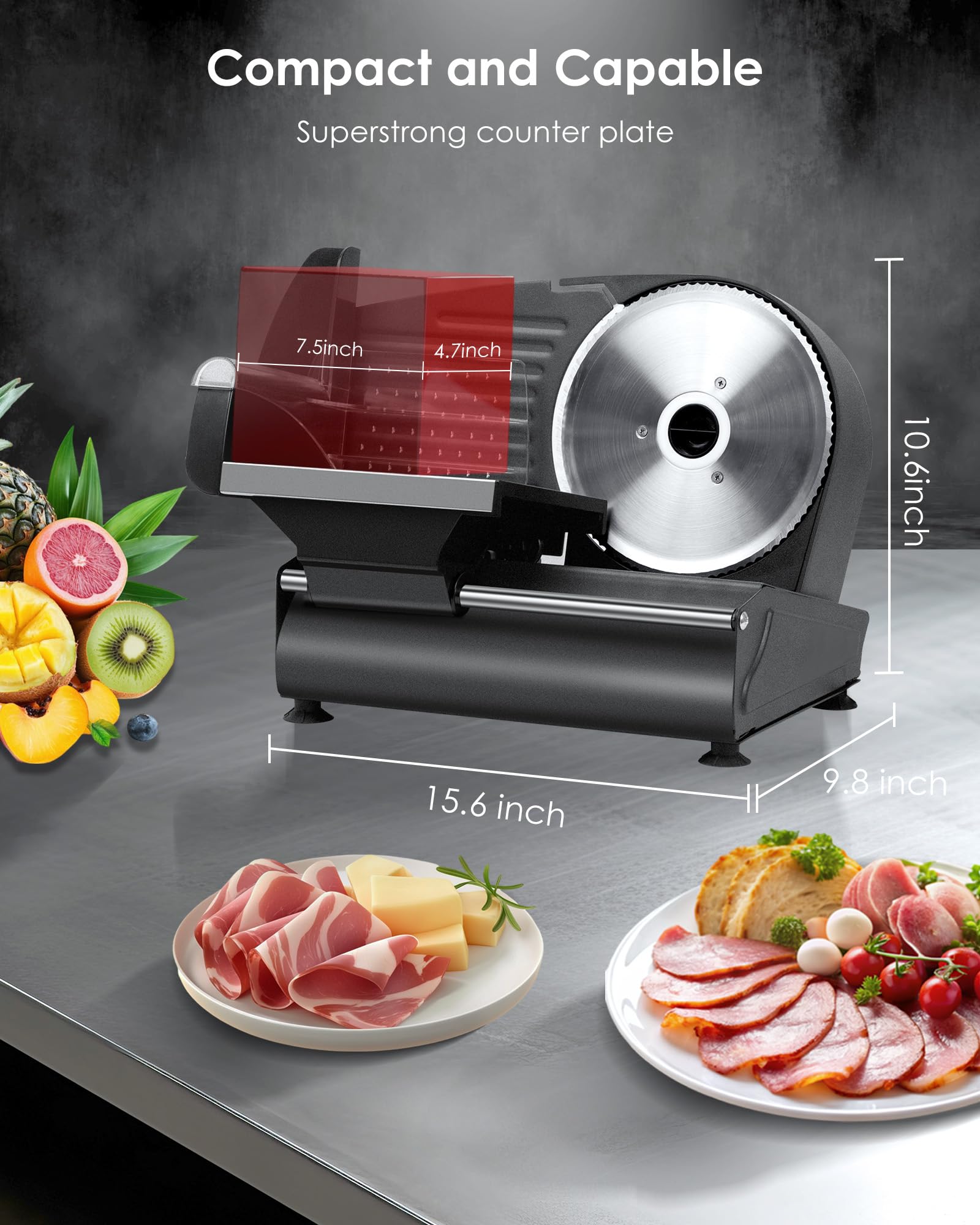 TOOGOOD 7.5" Electric Meat Slicer, with Stainless Steel Blade, Adjustable Thickness Food Slicer Machine for Home Use, Cuts Meat, Ham, Hard Cheese and Deli (Black)