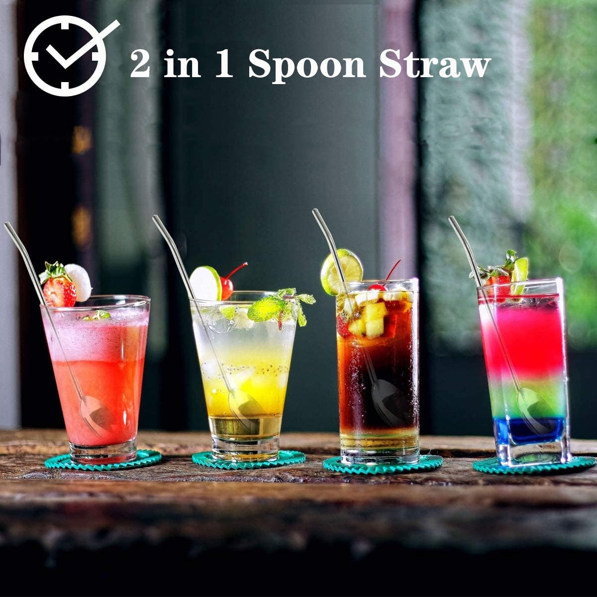 Sorfia 8pcs 2 in 1 Stainless Steel Straws Spoons with 2pcs Cleaning Brushes
