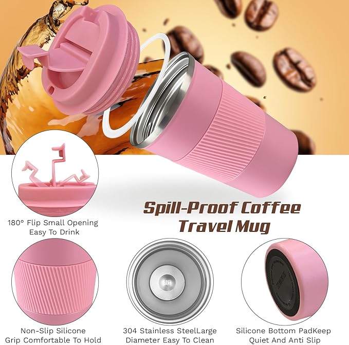 Vacuum-Insulated Stainless Steel Travel Coffee Mug, Leak-Proof Reusable Coffee Cup with Lid - Keep Hot & Cold Drinks for Hours, Durable Thermos Tumbler for Men & Women (3rd-Pink, 12OZ)