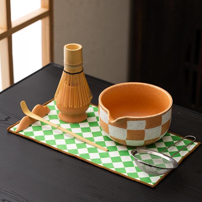 Premium 7-Piece Matcha Tea Set – Traditional Japanese Style with Elegant Grid Pattern, Includes Bamboo Whisk, Ceramic Bowl, Scoop & More – Perfect for Matcha Lovers & Tea Ceremony (Orange grid)