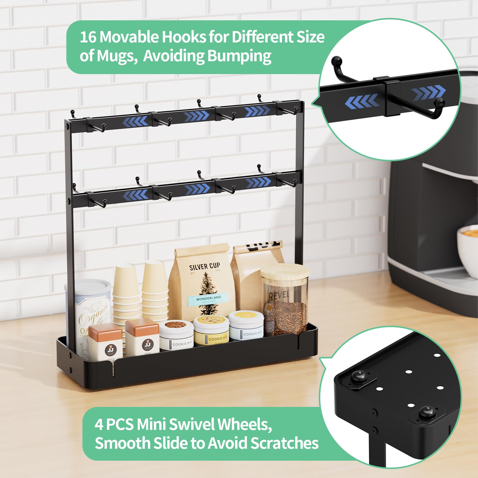 ZDDLOINP Coffee Mug Holder, 2 Tier Metal Mug Rack with 16 Movable Hooks