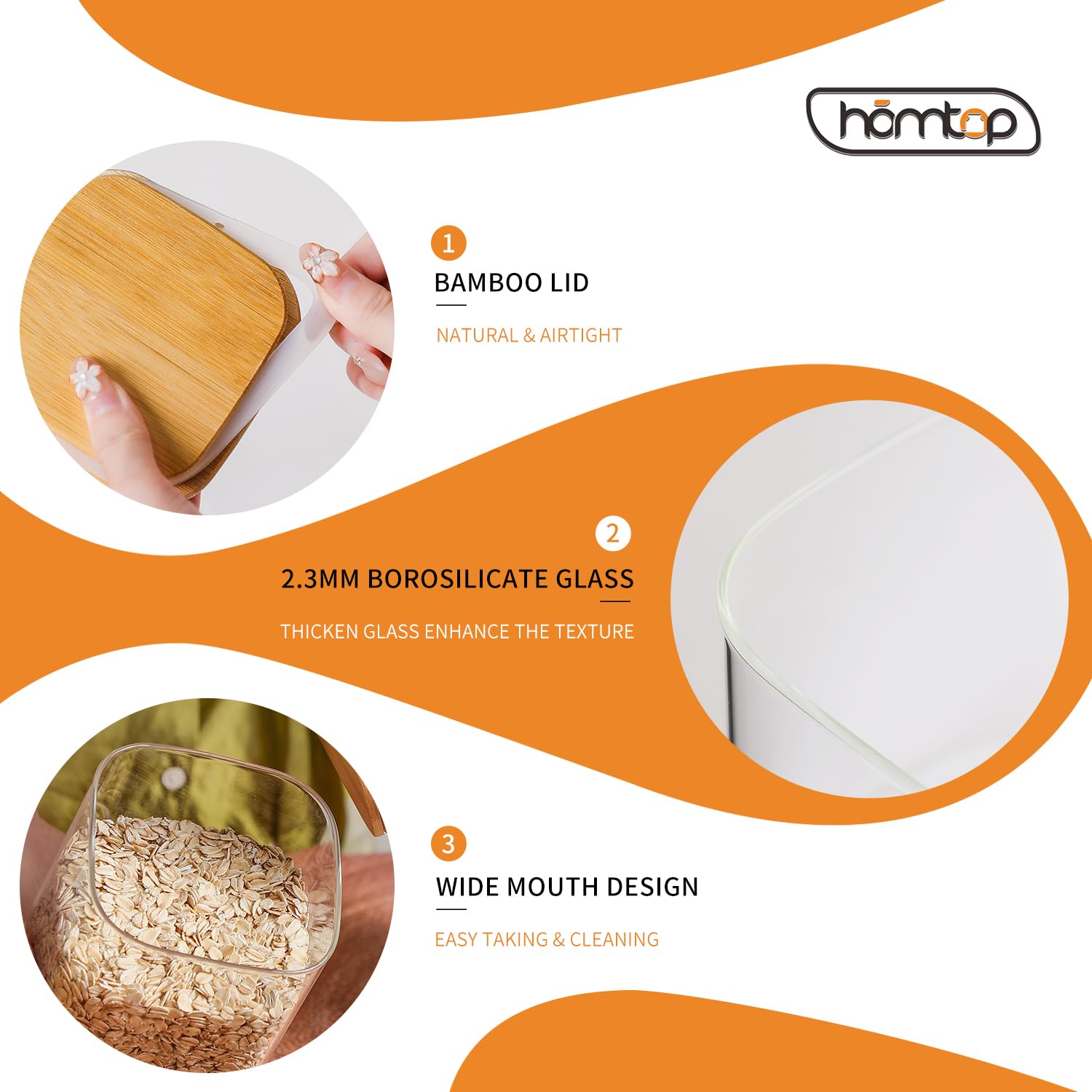 Homtop Glass Jars with Bamboo Lids 3 Pack, 74 Oz Airtight Square Storage Container, High Borosilicate Glass Kitchen Canisters for Soild food, Nuts/Cookies/Sugar/Pasta