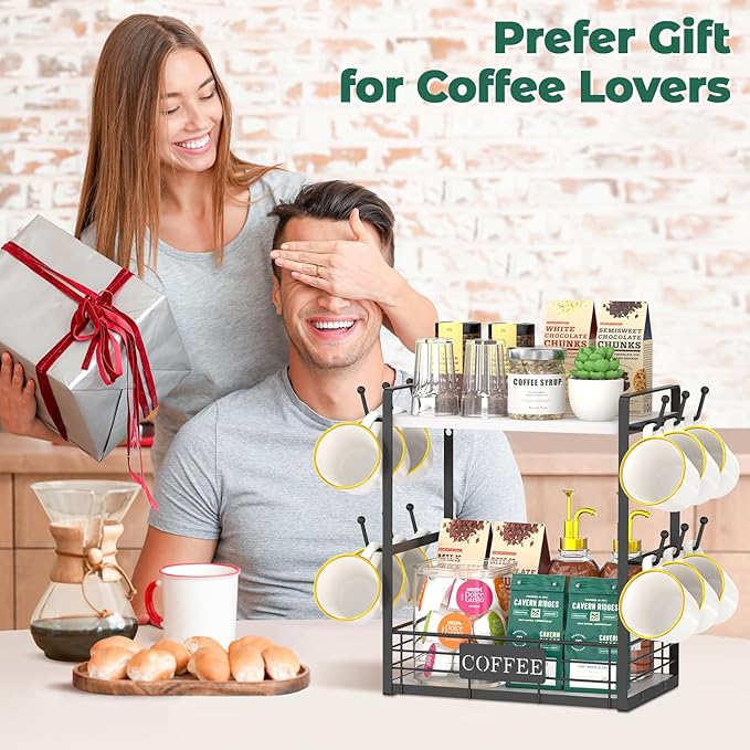 EsLuker.ly Coffee Mug Cup Holder Stand Bar Station Organizer for Countertop, Multi-Functional 2 Tier Mug Tree Rack for Kitchen, Storage Shelf with 12 Hooks, White-Black(Patented Design)